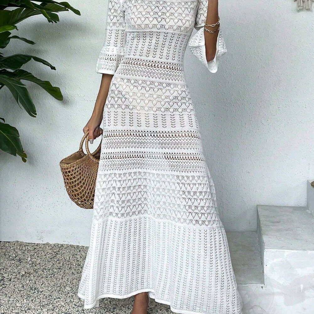 White Elegant Women's Casual V Neck Long Sleeve Knit Dress Beach Vacation - Picture 7 of 8